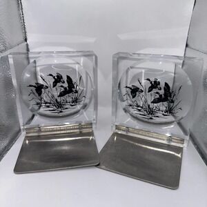 Rare Vintage MCM Lucite Acrylic Fisheye Flying Ducks Bookends